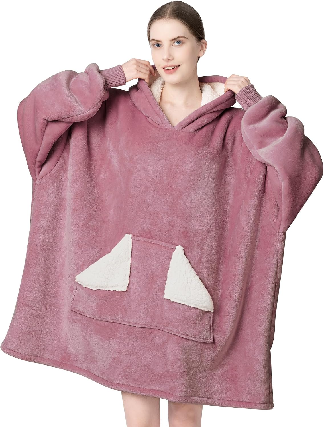 Wearable Blanket Hoodie, Oversized Sherpa Fleece Sweatshirt Blanket with Giant Hood Pocket and Sleeves for Adult, Warm & Cozy Grey Blanket Gifts for Women