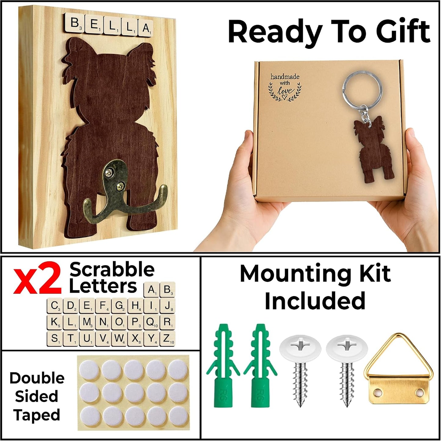 Dog Leash Holder Wall Mount, Pet Harness Hanger with Scrabble Letters, Dog Collar Organizer for Entryway, Memorial Cat Leash Holder for Wall, Pet Loss Gifts, Keepsake, Home Decor PF212-NAT