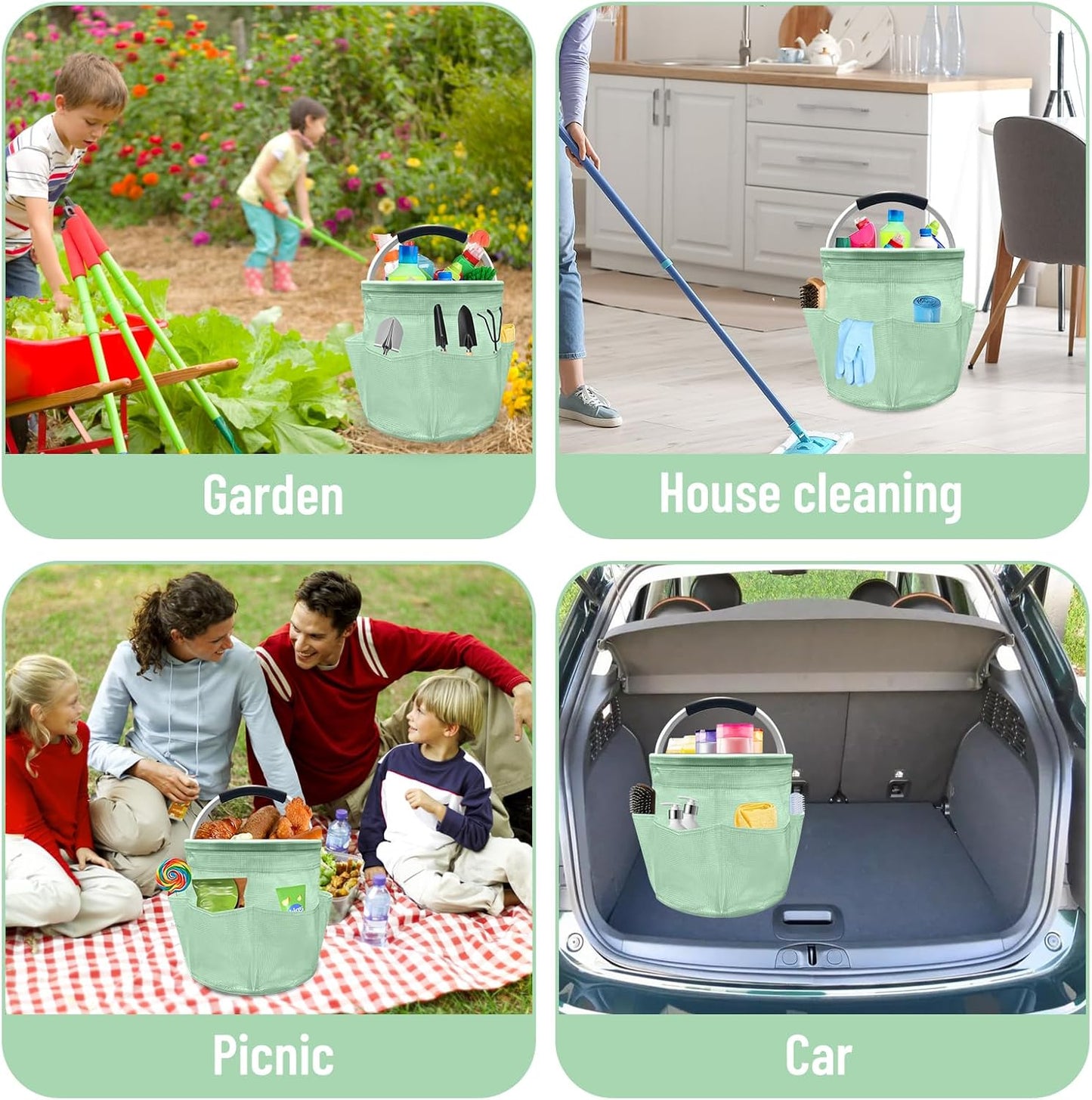 Qivine 17L Cleaning Caddy with Handle, Foldable Cleaning Supply Caddy(Blue) | Cleaning Caddy for Cleaning Supplies, Portable Cleaning Supplies Organizer with 6 Pockets, Cleaning Bucket for Kitchen Garden
