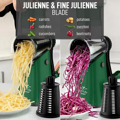 Zulay Kitchen Rotary Cheese Grater 5 Blade Cheese Shredder - Manual Hand Crank Cheese Grater With Reinforced Suction & 5 Interchangeable Drums - Easy to Use, Vegetable Chopper Round Mandoline Slicer - Colors B