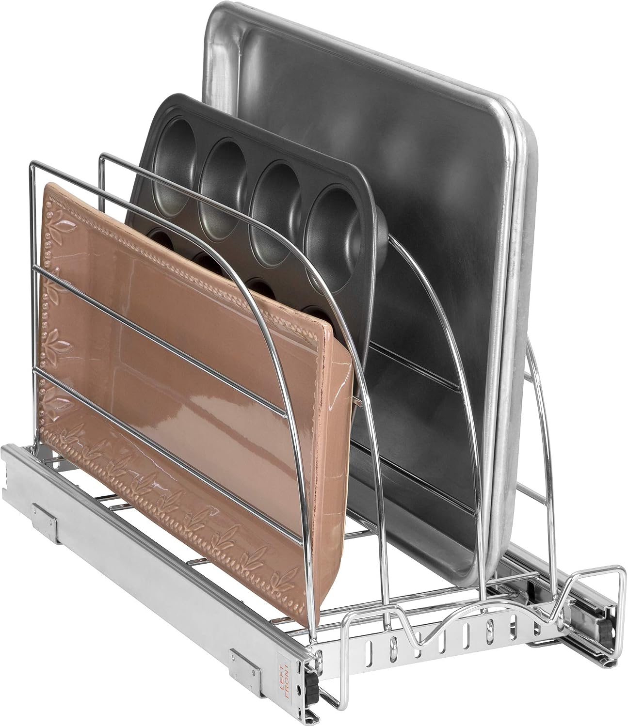 Pull Out Organizer for Bakeware, Cutting Board and Trays, 8.5"W x 21"D | Stores Cutting Board and Trays, Adjustable Dividers, Heavy Duty, Lifetime Limited Warranty - For Narrow Cabinet Spaces