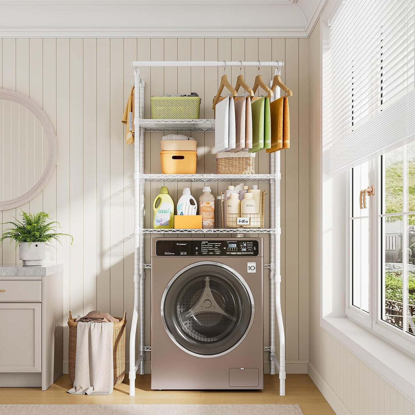 3 Tiers Expandable Over Washer and Dryer Shelves, White | Laundry Room Organization and Storage with Hanger Rod, 4 Hooks, Adjustable Height Metal Freestanding Clothes Drying Rack