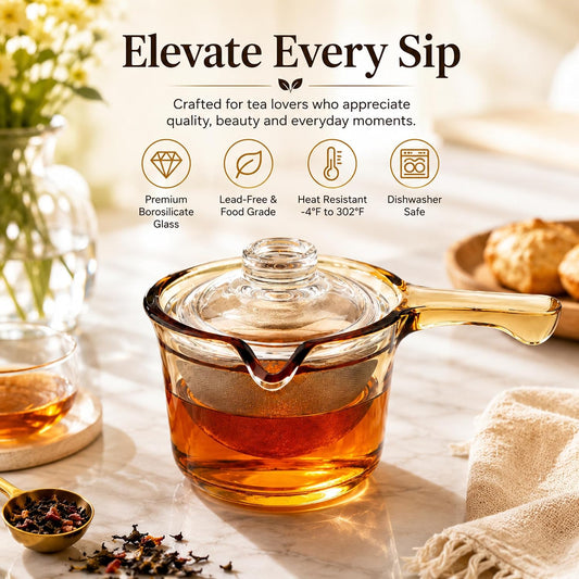 Single Serve Glass Teapot, 12 oz Side Handle Kyusu, Infuser for Loose Tea | Amber Glass Enriches Tea Color;Fine Mesh Traps Small Leaves; Drip-Control Spout; One-Hand Side Grip; Secure Lid When Pouring
