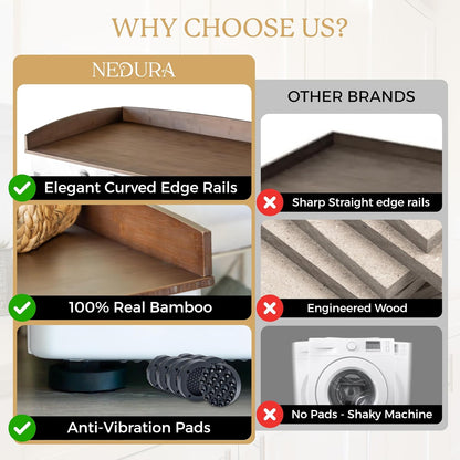 Nedura Washer Dryer Countertop with Anti-Vibration Pads, Curved Edge Rails, Premium Bamboo Laundry Countertop, Washer Dryer Topper, Laundry Room Organization, Laundry Room Accessory – Dark Walnut