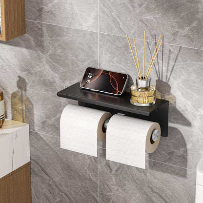 FORIOUS Toilet Paper Holder with Shelf, Commercial Toilet Paper Dispensers | Brushed Nickel | Wall Mount Bathroom Tissue Holder | SUS304 Stainless Steel Rustproof | Double Tissue Roll Holder