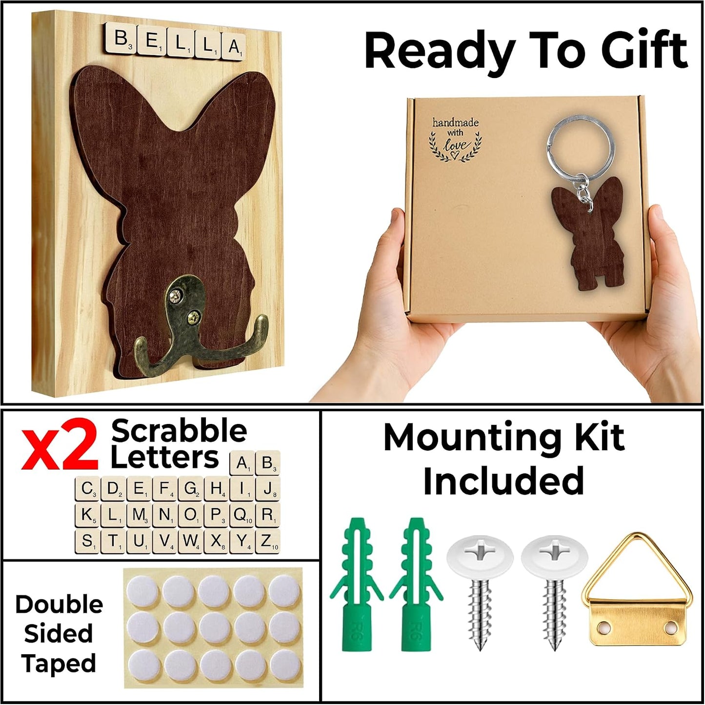 Dog Leash Holder Wall Mount, Pet Harness Hanger with Scrabble Letters, Dog Collar Organizer for Entryway, Memorial Cat Leash Holder for Wall, Pet Loss Gifts, Keepsake, Home Decor PF212-NAT