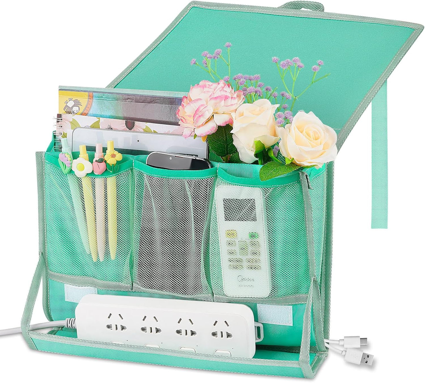 Bedside Caddy Organizer for Dorm Bed Rails with 7 Pockets, Gray | Bed Pockets Bedside Storage with Power Strip Holder & 2 Adjustable Straps for Home, College, Dorm, Hospital Bedside Organizer