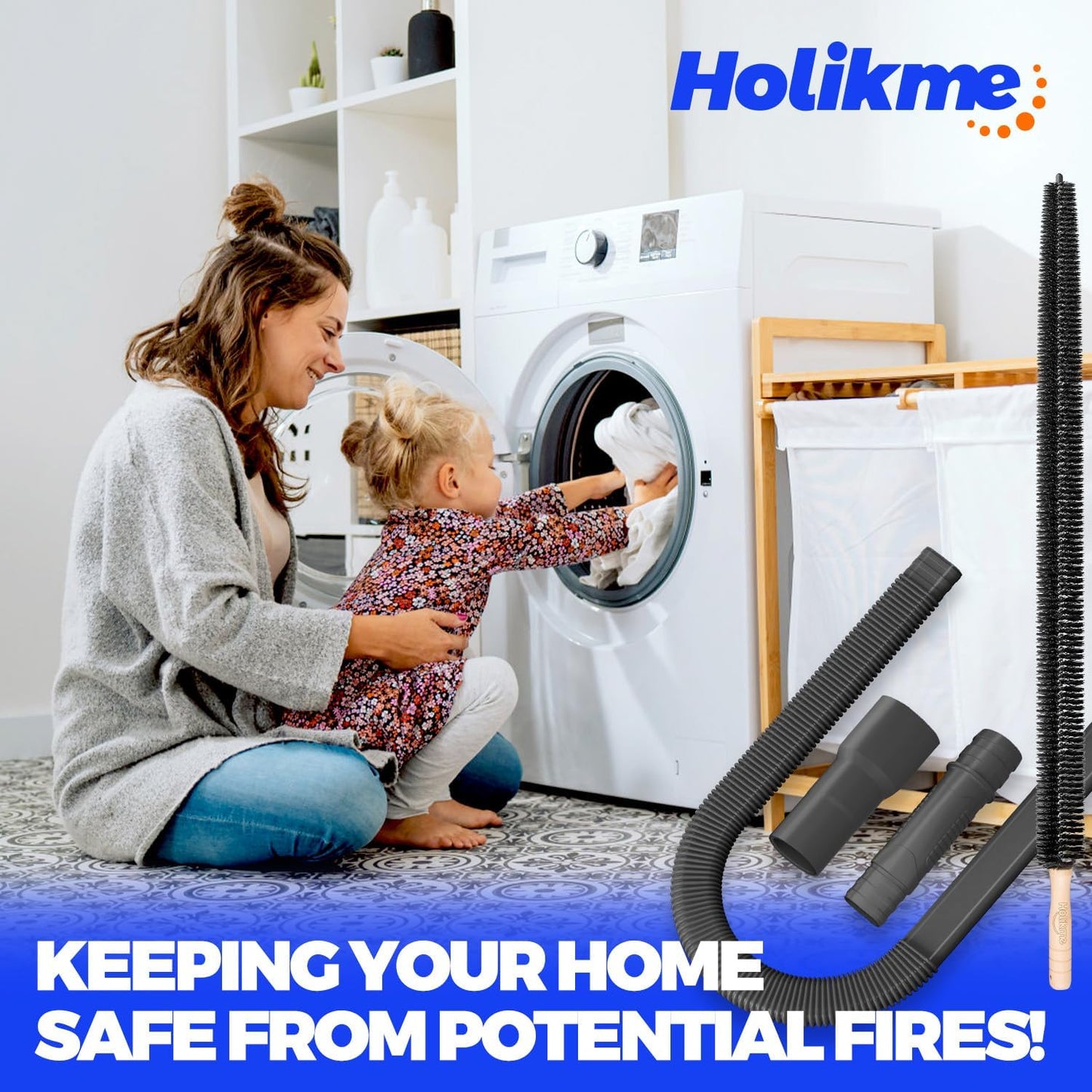Holikme Dryer Vent Cleaner Kit 2Pack - Lint Vacuum Attachment & Brush | Blue Dryer Vent Vacuum Hose Attachment & Brush Reach Deep Traps - Remove Hidden Lint, Speed Drying & Reduce Fire Risk