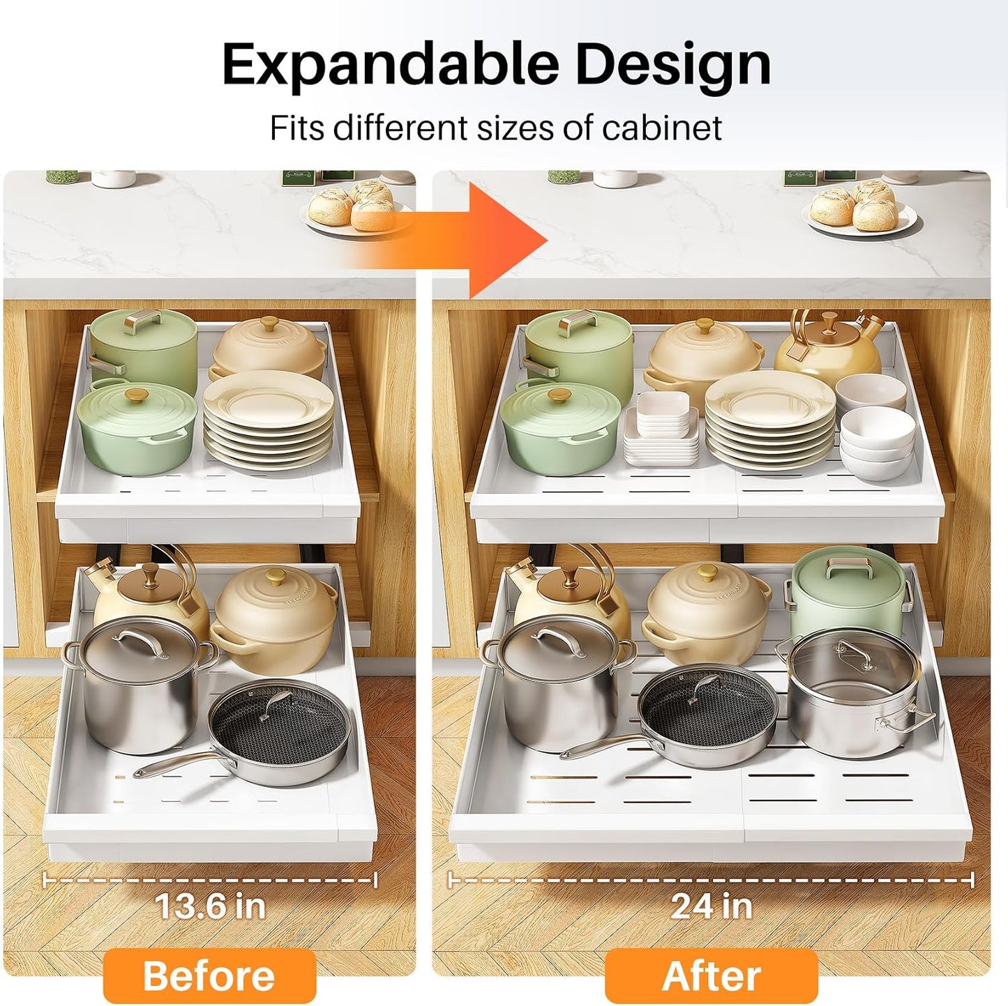 Pull out Cabinet Organizer, 1-Pack Expandable(13.6"-24") Silde out Drawers with Raising Pad for Framed Cabinets, Adjustable Full-Extension Adhesive Roll out Shelves for Kitchen Pantry Home Pot and Pan