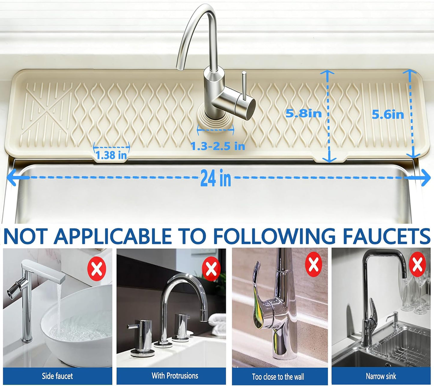 Kitchen Sink Splash Guard Gen2-30" x 6'' Silicone Sink Mat Splash Guard fit for Countertop, Bathroom,Farmhouse,RV by EBIGIC (Grey)