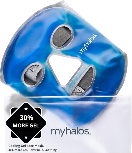 MyHalos Ice Face Mask, Cooling Gel Pack for Migraine, Swelling & Puffiness | Eases Stress & Post-Surgery Discomfort, Hot or Cold Gel Therapy, Reusable, Freezer & Microwave Safe, Comfortable Fit - Blue
