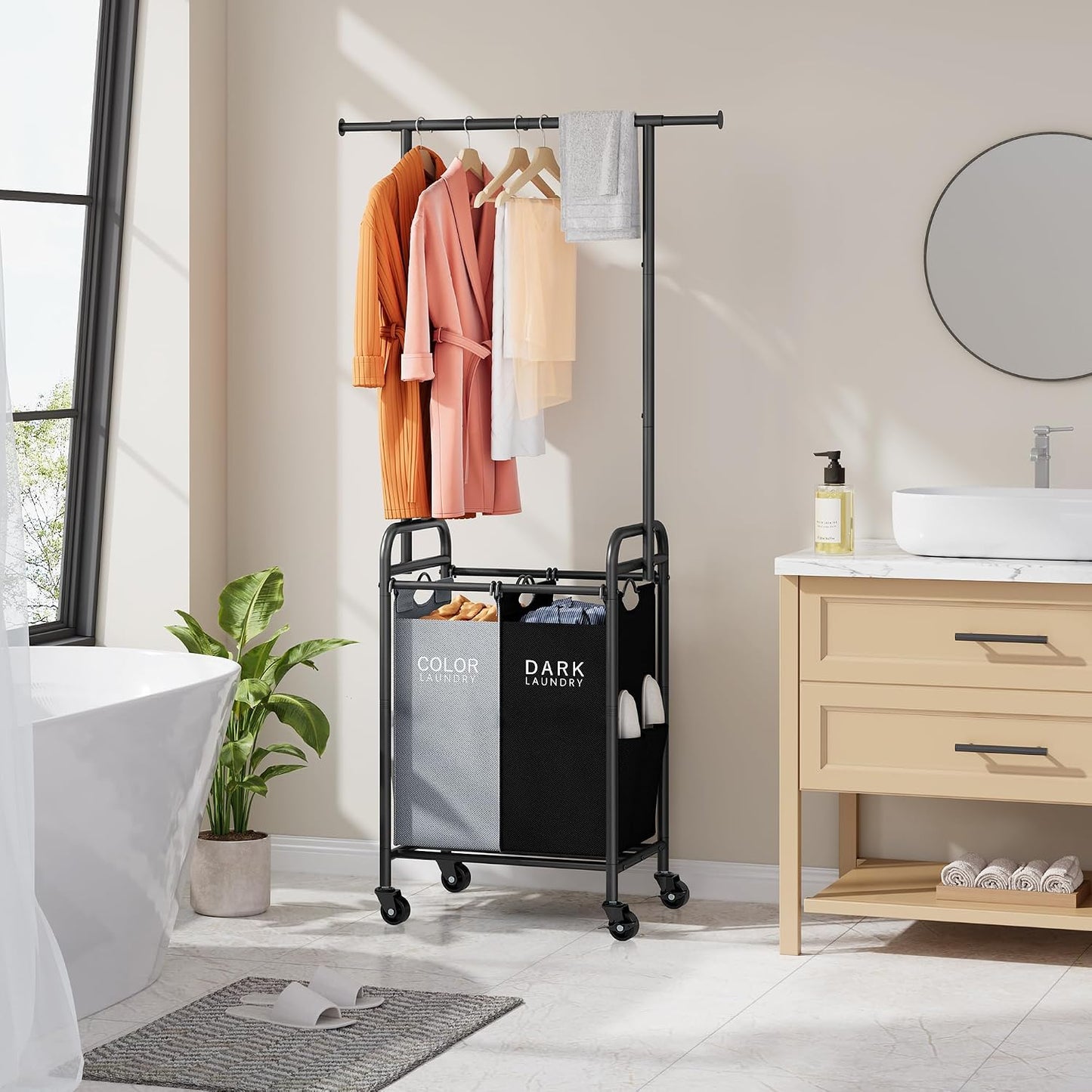 Laundry Cart with Hanging Rack, 65 Gal. Large Laundry Hamper, Beige | Rolling Laundry Cart with Hanging Bar with Removable Bag and Lockable Wheels, Separator Hamper Cart for Bedroom, Bathroom