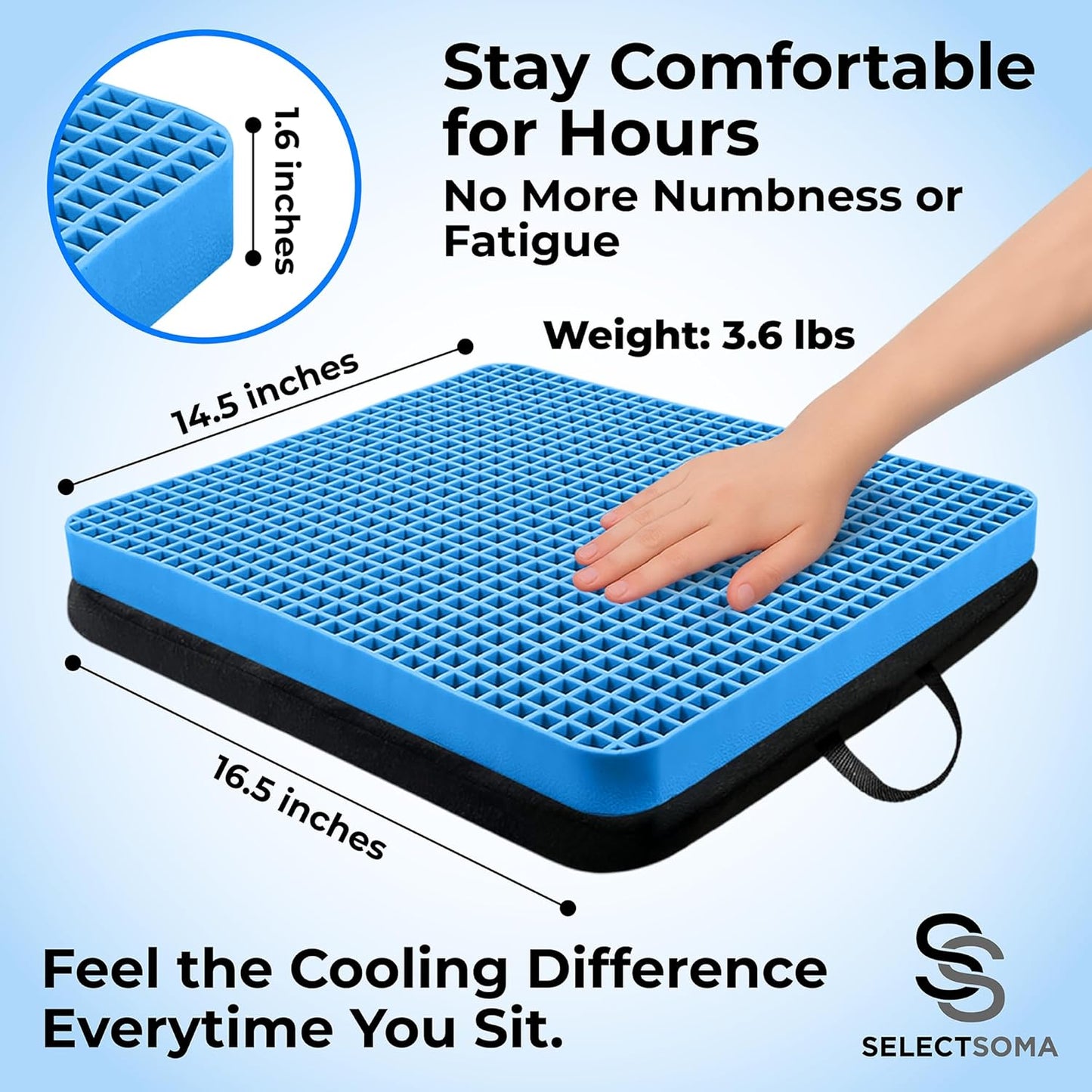 SelectSoma Gel Seat Cushion for Long Sitting, Pressure Relief for Sciatica, Tailbone, Coccyx & Back Pain, Office Chair, Wheelchair, Car & Truck – Standard Size Blue Gel