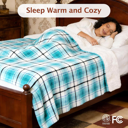Heated Electric Blanket, Red Christmas Sherpa Plaid Throw Blanket