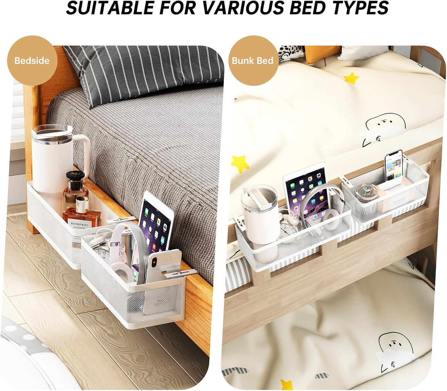 2 Pack Bedside Caddy Organizer,Bunk Bed Shelf, White | Adjustable Clamp-On Structure, Easy to Install, Holds up to 33 lbs, Fits All Types of Beds, College Dorm Room Essentials