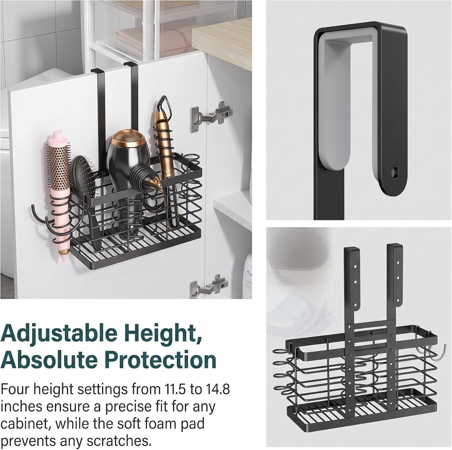 3-in-1 Universal Hair Dryer Holder, Adjustable Height Metal Blow Dryer Organizer, Wall Mounted Or Over Cabinet Door, Free Standing Silvery Hair Tool Storage for Bathroom Standard Black