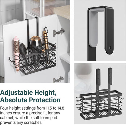 3-in-1 Universal Hair Dryer Holder, Adjustable Height Metal Blow Dryer Organizer, Wall Mounted Or Over Cabinet Door, Free Standing Silvery Hair Tool Storage for Bathroom Standard Black