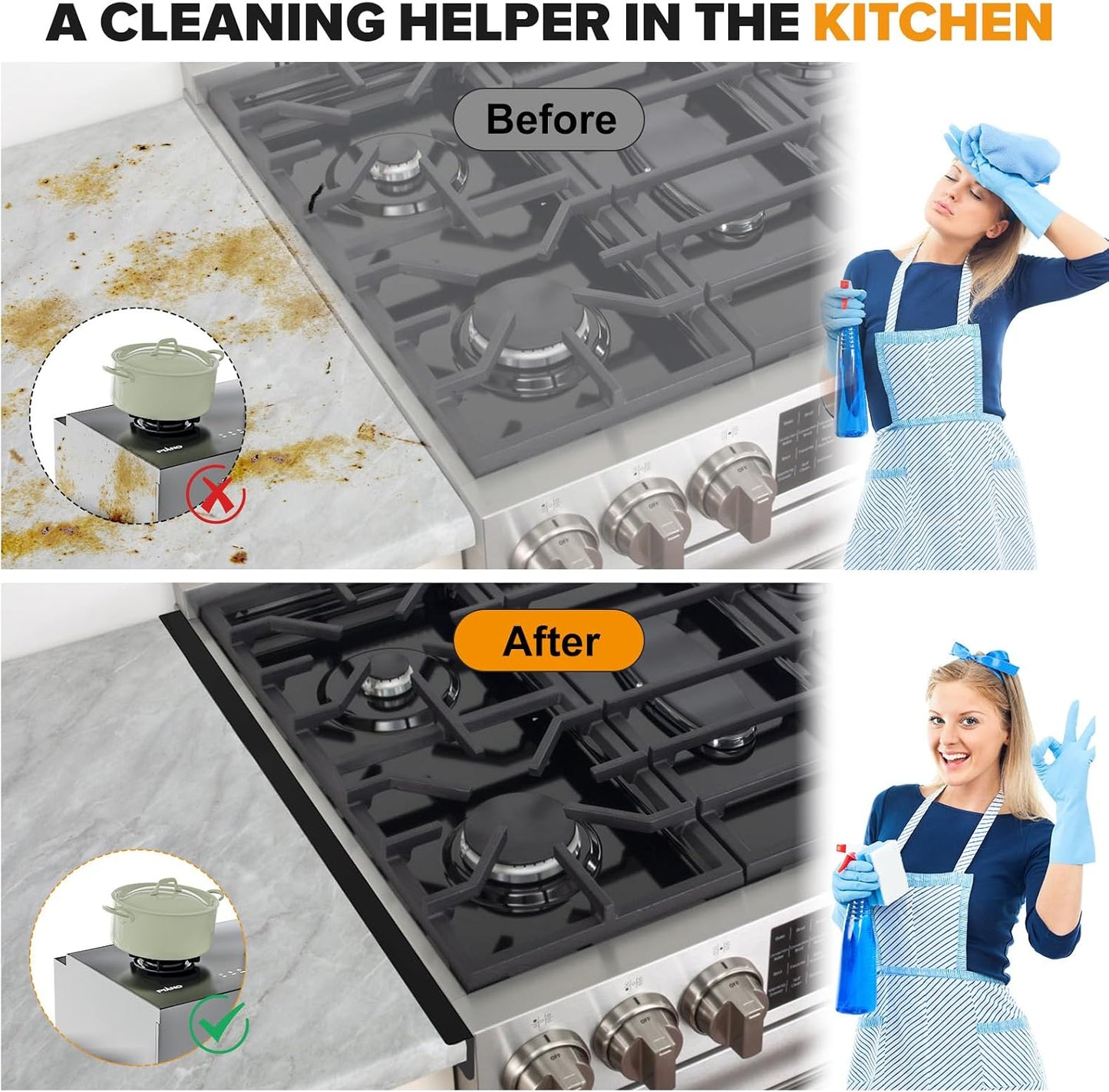 Stove Gap Covers, 2 Pack Stainless Steel Stove Gap Filler Black | Heat Resistant Oven Gap Filler Adjustable Length Range Trim Kit Non-Slip Stove Guard Between Stove Top & Counter