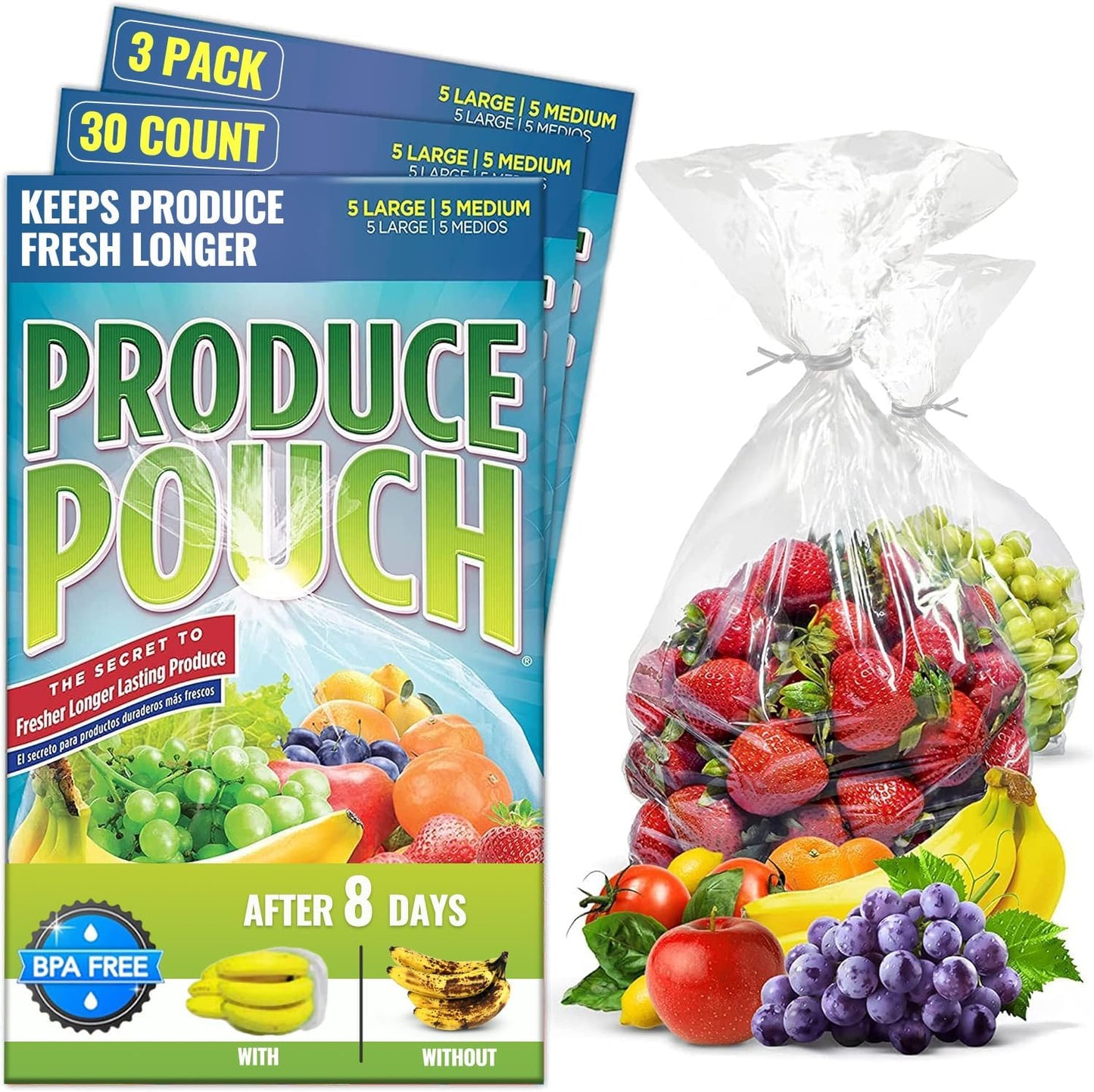 30-Pack (15M, 15L) Reusable Produce Bags for Refrigerator with Twist-Ties | Extend Shelf Life, Keeps Fruits, Vegetables & Herbs Fresh Longer, Reusable Vegetable Bags
