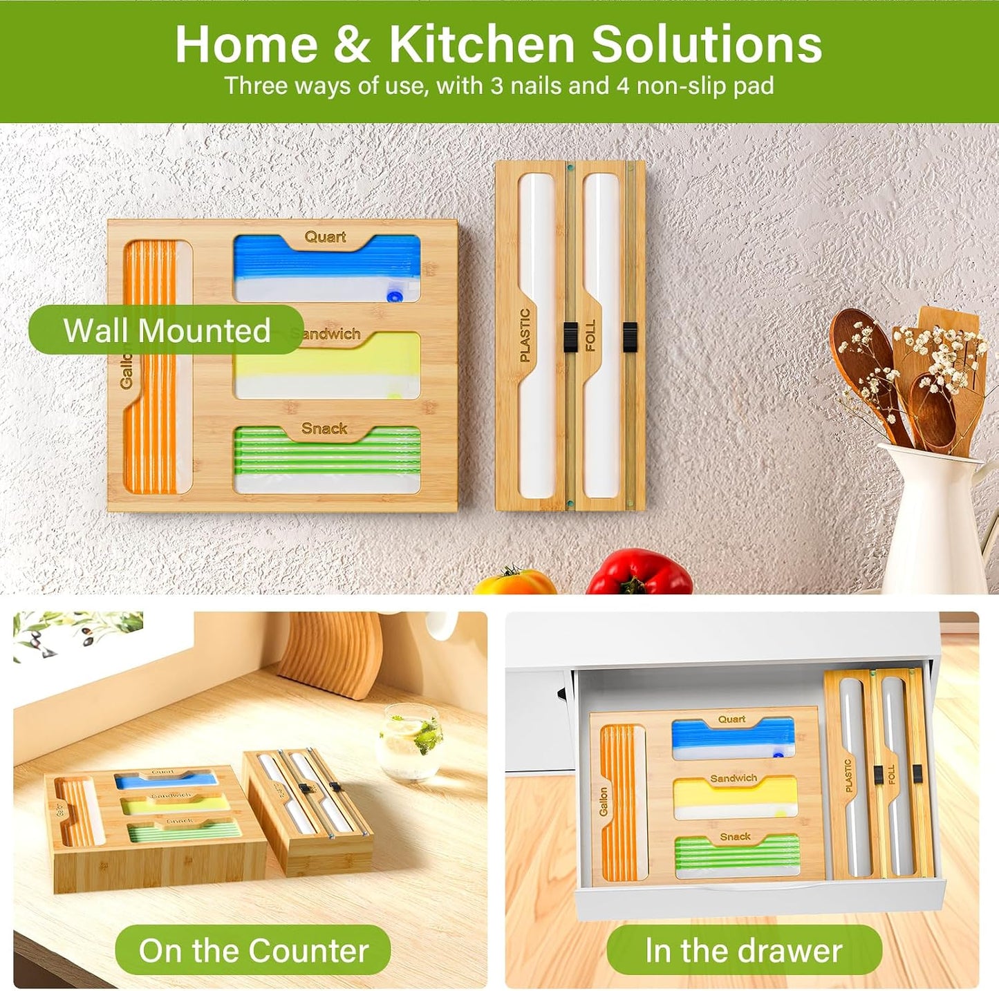 KOCWELL Bag Organizer and Plastic Wrap Dispenser with Cutter, 6 In 1 Bamboo Foil and Plastic Wrap Organizer for Kitchen Drawer, Food Storage Bag Organizer for Gallon,Quart,Sandwich,Snack(Yellow)