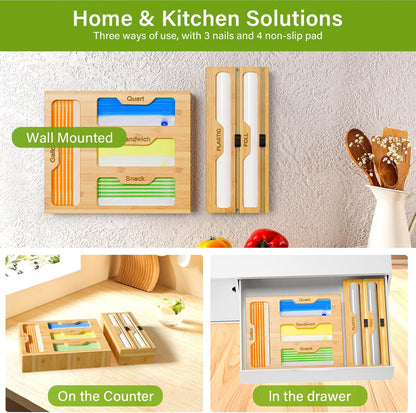 KOCWELL Bag Organizer and Plastic Wrap Dispenser with Cutter, 6 In 1 Bamboo Foil and Plastic Wrap Organizer for Kitchen Drawer, Food Storage Bag Organizer for Gallon,Quart,Sandwich,Snack(Yellow)