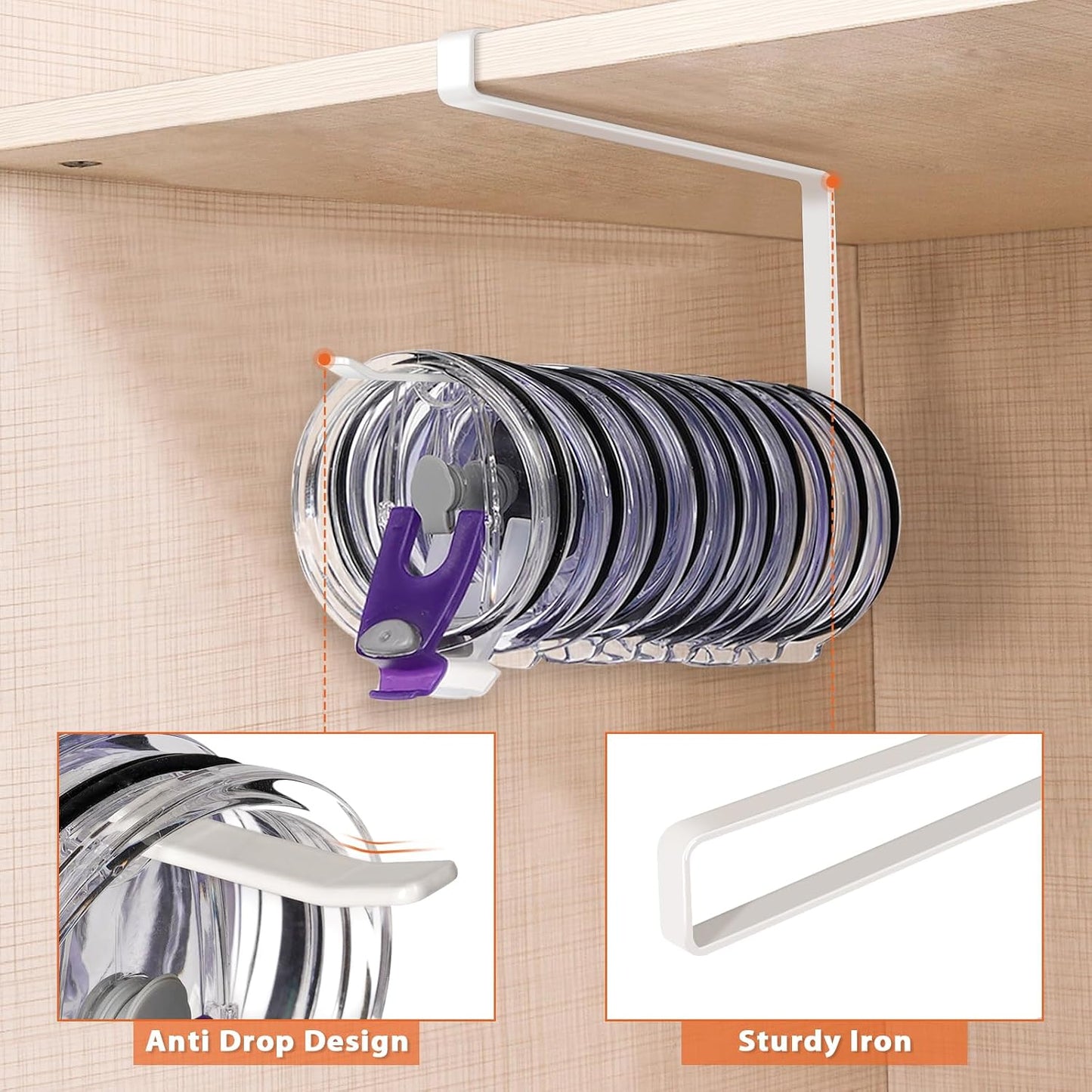 Tumbler Lid Organizer, Versatile Tumbler Lid Storage Holds 10 Lids, Black | Space Saving Cup Lid Organizers Inside Cabinet Tumbler Lid Hook for Kitchen Organizer and Storage, Paper Towel Rack Hanger