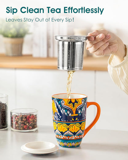 vancasso 18 Oz Tea Infuser Mug with Lid, Mint Petal Whirl | Eye catching Bohemian pattern, adds charm to any tea corner, ceramic mug with infuser, microwave and dishwasher safe