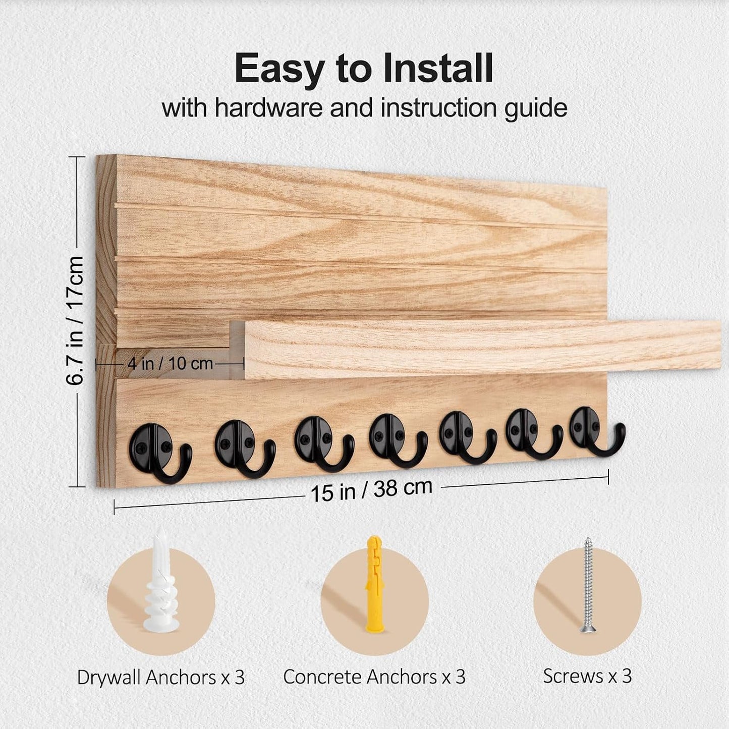 Lwenki Key Holder Wall Mount, Entryway Key and Mail Holder with 7 Sturdy Hooks for Sunglasses, Dog Leash, Decorative Wall Shelf with Mounting Hardware, 15”W x 6.7”H x 4.2”D