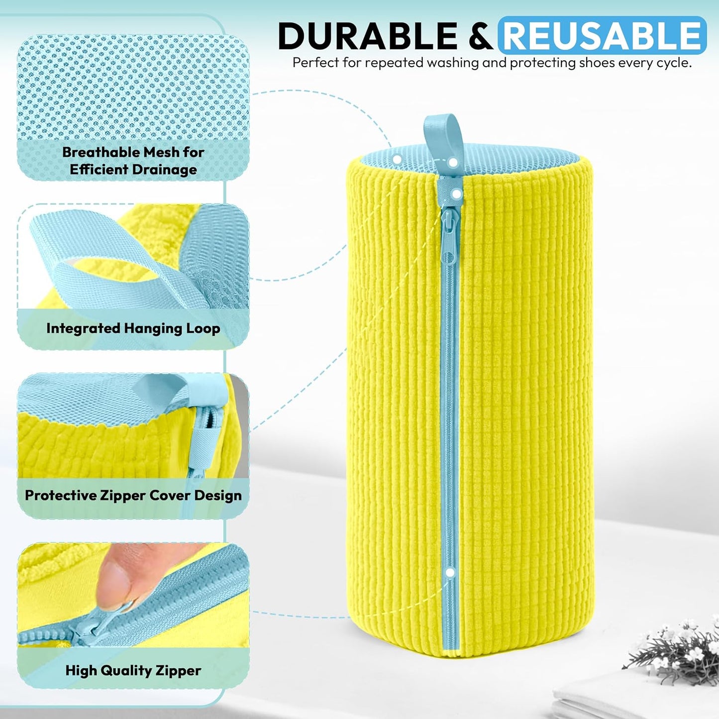 Shoe Washing Machine Bag - 360° Deep Clean shoe washing bag - 2Pc | Laundry Shoe Bag for Washer and Dryer - Reusable Shoe Cleaning Bag -Shoe Bag for Washing Sneakers etc with Zip Lock - Yellow