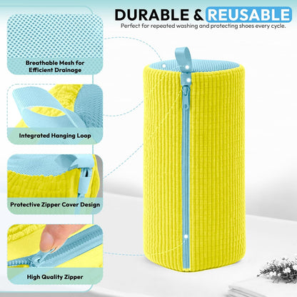 Shoe Washing Machine Bag - 360° Deep Clean shoe washing bag - 2Pc | Laundry Shoe Bag for Washer and Dryer - Reusable Shoe Cleaning Bag -Shoe Bag for Washing Sneakers etc with Zip Lock - Yellow