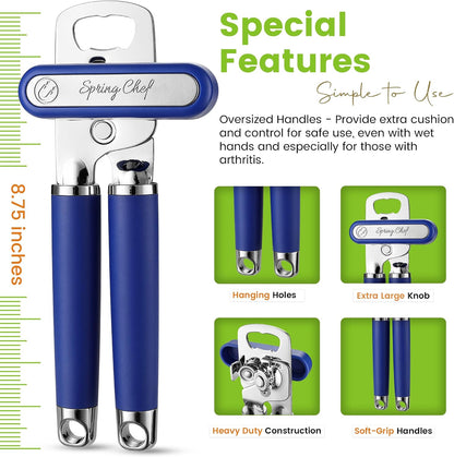 Spring Chef Stainless Steel Manual Can Opener with Soft Grip Handles, Black | Heavy Duty Hand Can Opener for Seniors with Smooth Edge, Easy Turn, 3in1 Can Opener with Magnetic Lid Remover & Bottle Opener
