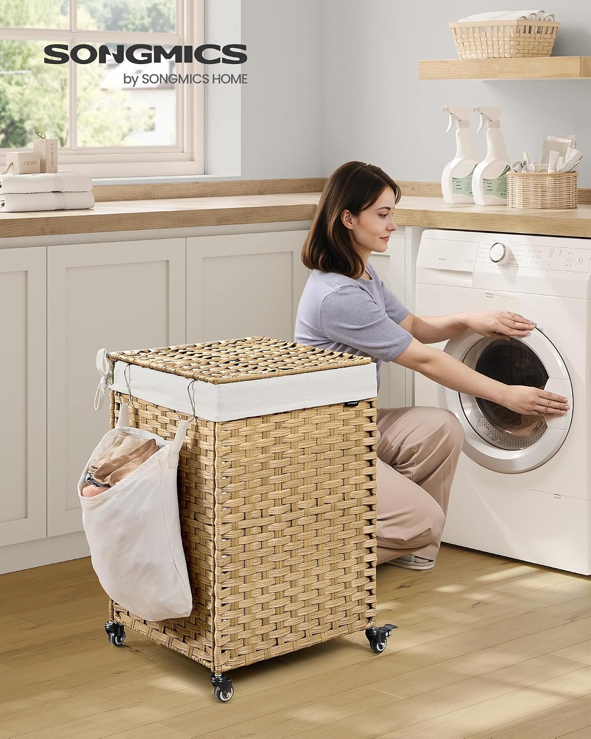SONGMICS Laundry Hamper with Lid, 42.3 Gallons (160 L), Rolling Laundry Basket with Wheels, 3-Section Synthetic Rattan, Removable Liner, Bedroom, 29.9 x 13 x 26 Inches, Natural ULCB365N01