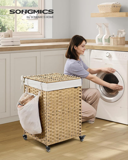 SONGMICS Laundry Hamper with Lid, 42.3 Gallons (160 L), Rolling Laundry Basket with Wheels, 3-Section Synthetic Rattan, Removable Liner, Bedroom, 29.9 x 13 x 26 Inches, Natural ULCB365N01