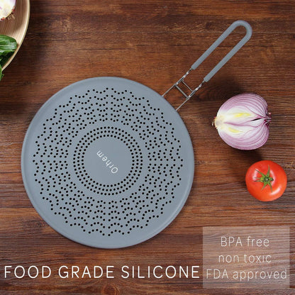 Silicone Grease Splatter Screen Pan Cover with Folding Handle, Heat Resistant Cooling Mat, Strainer, Drain Board, Oil Splash Guard for Frying Pan Cooking, 11.4 Inch