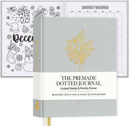 Everloria Premade Dotted Journal Notebook, 12 Months Pre-made Bullet Templates, 260 Hand-Drawn Coloring Pages, Undated Weekly & Monthly Planner, 7.8"x9.3" Linen Dot Grid Habit Mood Tracker, Lilac