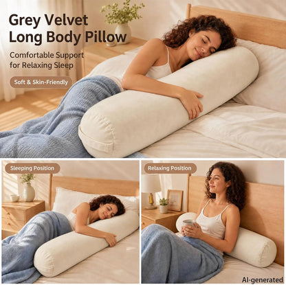 SAMTY Bolster Pillow for Adults, Long Round Body Pillow for Bed, 76x7.87 | Beige, Velvet Lumbar Pillow, Soft Cylindrical Body Pillow, Hidden Zipper And Carry Handle for Sleeping, Reading Relaxing