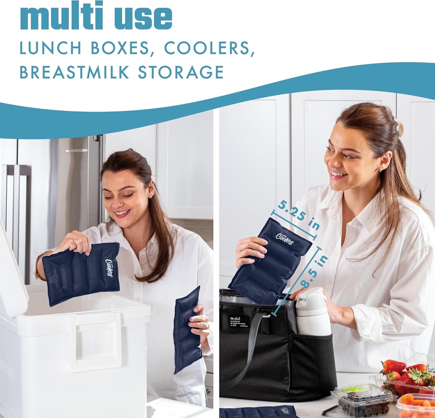 Cool Coolers by Fit & Fresh 2 Pack XL Soft Ice Packs for Cooler, Flexible Stretch Nylon, Lunch Box Ice Packs, Large Reusable Freezer Packs, Cornflower Blue