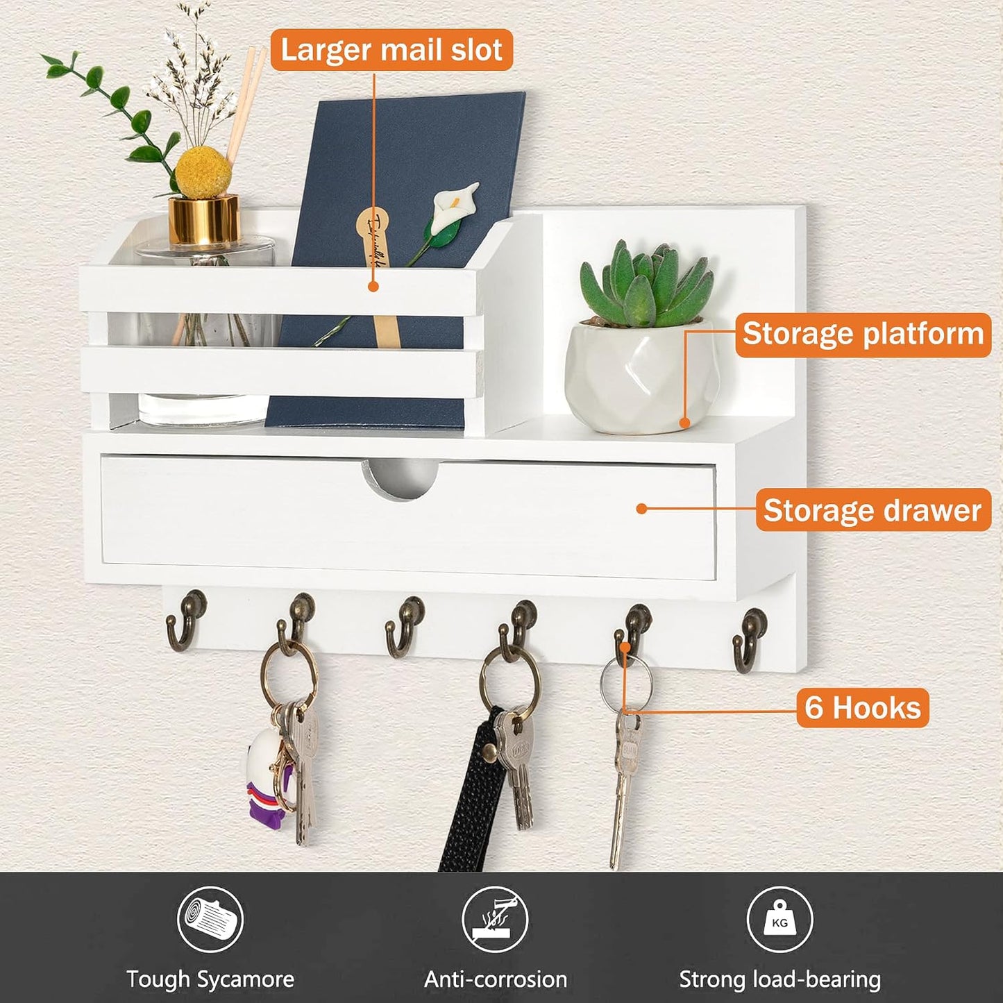 dreampossible Key and Mail Holder for Wall, Mail Organizer Wall Mount with 6 Hooks and Storage Drawer, Wooden Key Rack Hanger with Shelf for Entryway and Home Decor
