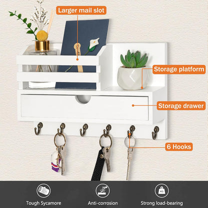 dreampossible Key and Mail Holder for Wall, Mail Organizer Wall Mount with 6 Hooks and Storage Drawer, Wooden Key Rack Hanger with Shelf for Entryway and Home Decor