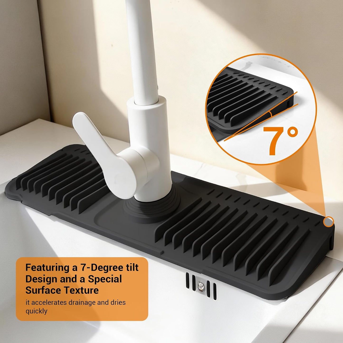 ZJWZLG Faucet Mat for Kitchen Sink, 14"X5.5" Silicone Sink Splash Guard , Snap-On Design & 7°slope Fast Drain, Folding Sink Faucet Mat for Universal Kitchen Bathroom Sink(Grey)