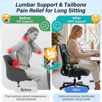 Ergonomic Seat Cushion with Lumbar Support (Black) | Office Chair Seat Cushion, Memory Foam Orthopedic Cushion with Tailbone Hollow, Sciatica & Back Pain Relief for Long Sitting