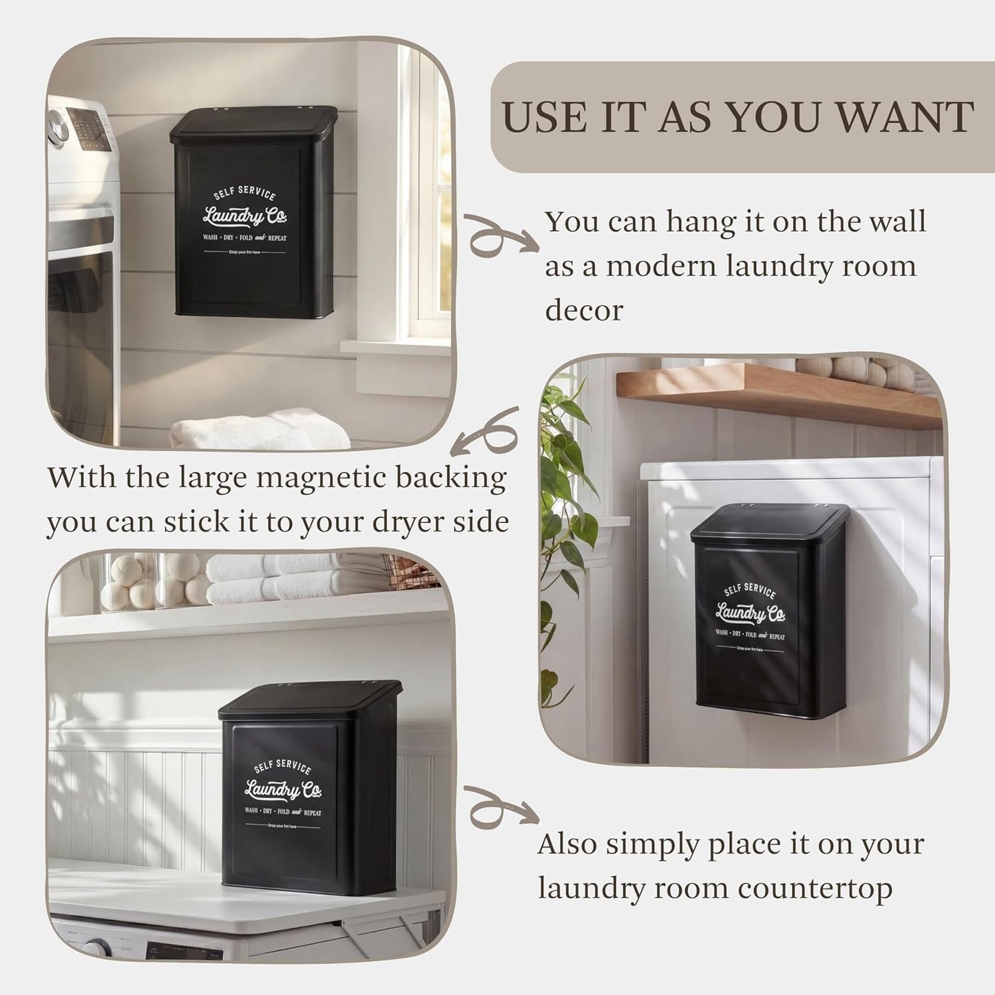 MONJITA Magnetic Lint Bin for Laundry Room, Wall Mounted Lint Trash Can with Lid for Dryer, Laundry Room Organization and Storage with Brush(Black)