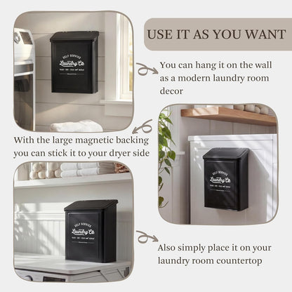 MONJITA Magnetic Lint Bin for Laundry Room, Wall Mounted Lint Trash Can with Lid for Dryer, Laundry Room Organization and Storage with Brush(Black)