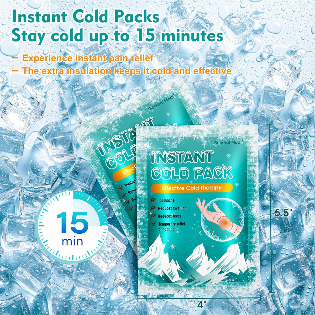 General Medi Instant Ice Cold Pack (4”x 5.5”) – 25 Packs Disposable Cold Therapy Ice Packs for Pain Relief, Swelling, Inflammation, Sprains, Toothache – for Athletes & Outdoor Activities