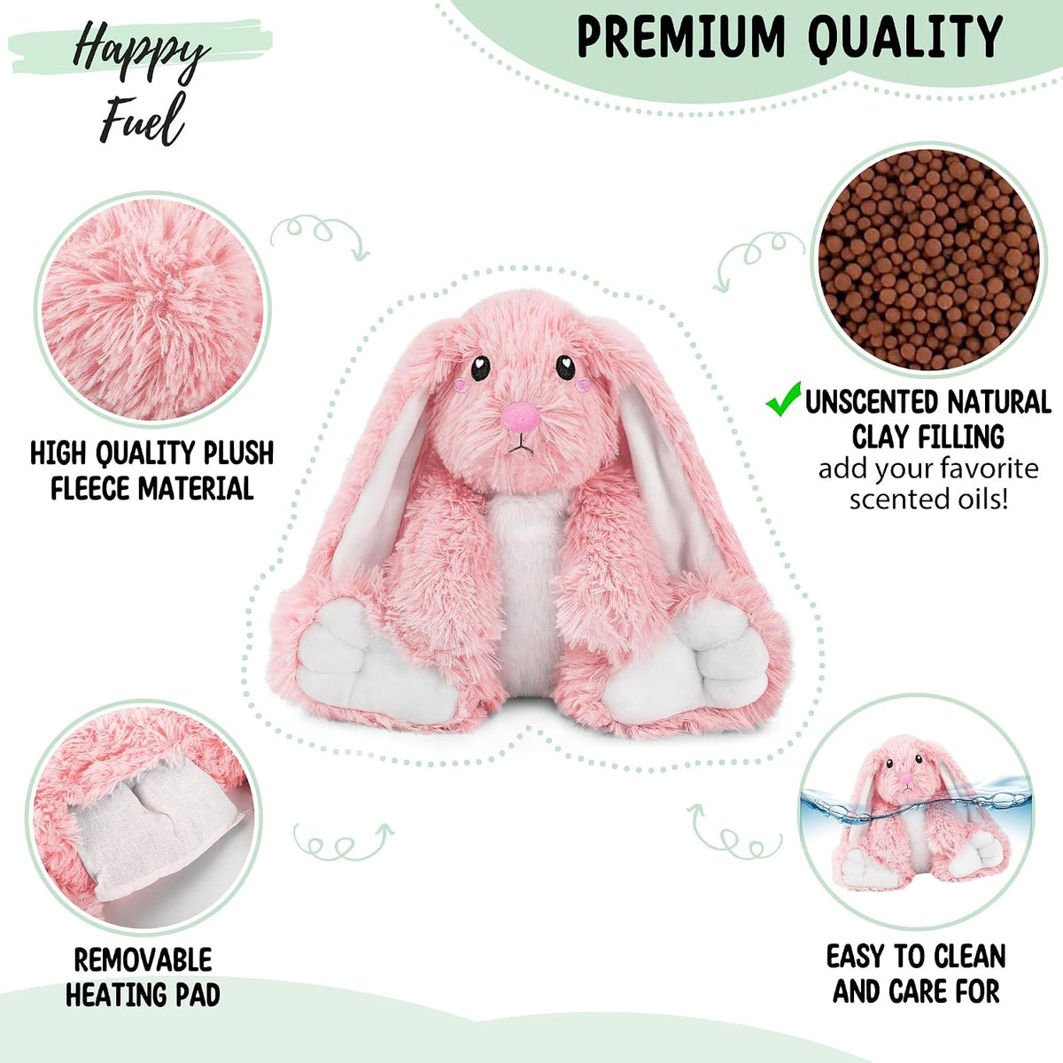 Bunny Microwavable & Weighted Stuffed Animals - 1.5 Lbs Unscented Heating Pad for Period Cramps Pain Relief and Anxiety, Cute Bunny Plush Toys Gifts for Women Girls Adults and Kids by Happy Fuel