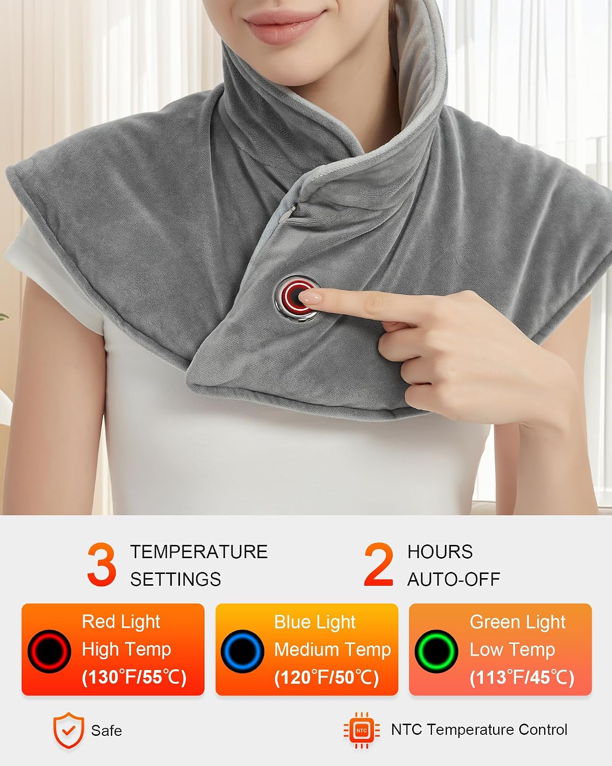 Graphene Cordless Neck Heating Pad for Pain Relief, Portable USB Electric Heating Pad with Battery & Weighted, Auto-Off, Grey