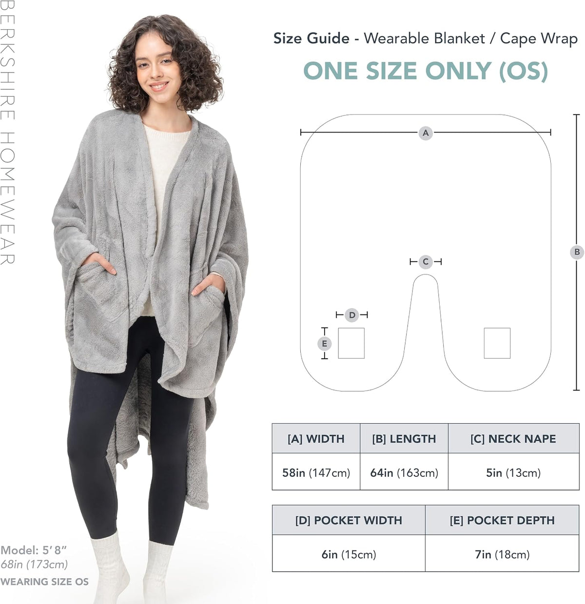 Berkshire Blanket Primalush™ Wearable Blanket, Cozy Loungewear Pocketed Plush Cape Wrap for Adults & Teens(Purple, One Size 58"X64")