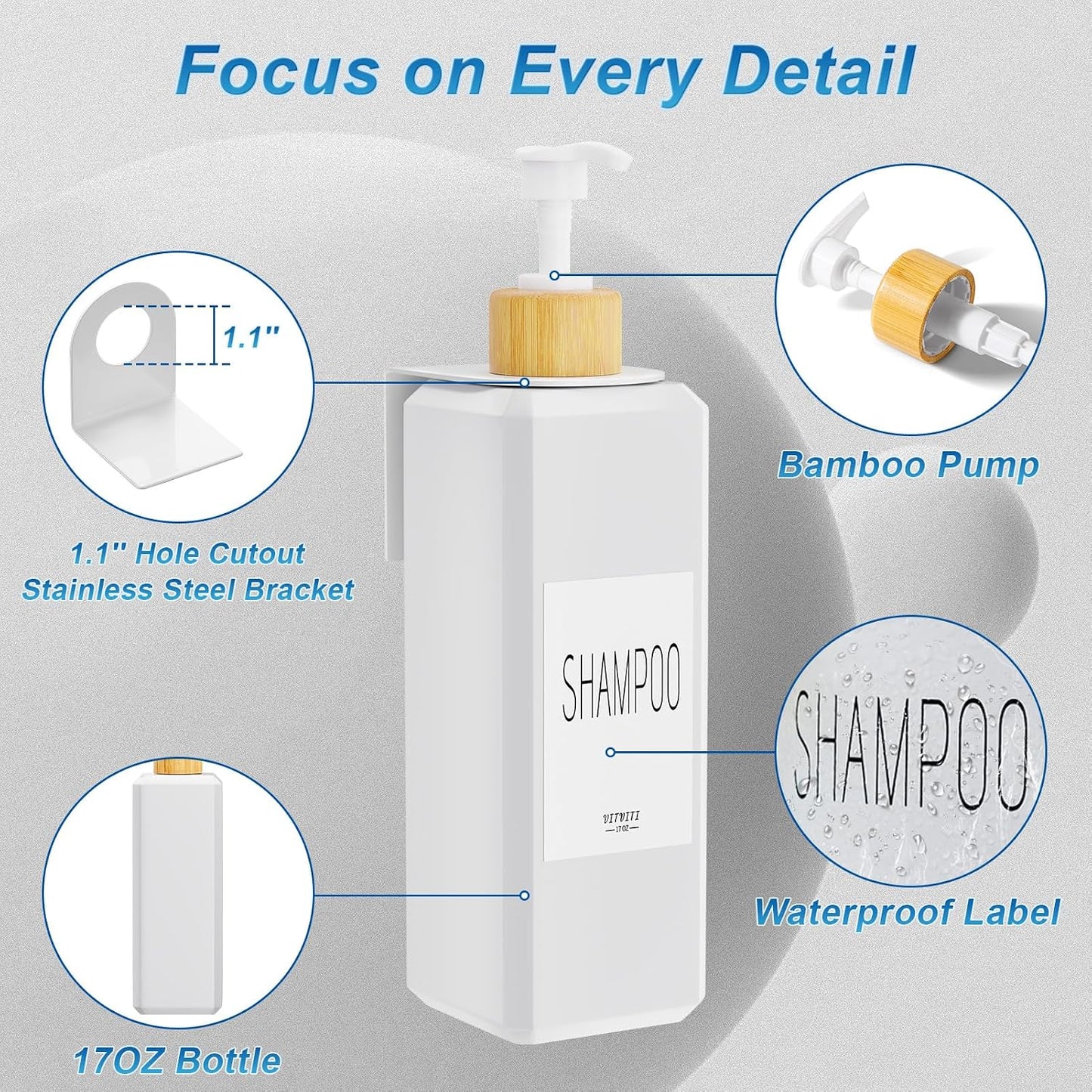 VITVITI Shampoo and Conditioner Dispenser, Shower Soap Dispenser Wall Mount | 17OZ Refillable Plastic Shampoo/Body Wash Shower Bottles for Bathroom with Pump/Labels, Bamboo Wall Mounted, Clear