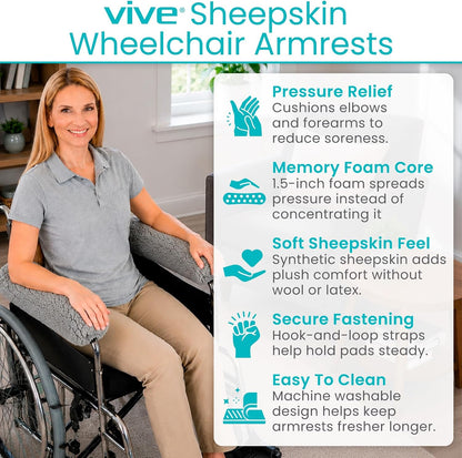 Vive Wheelchair Armrest Pads (2 PCS) - Memory Foam Sheepskin Cushion