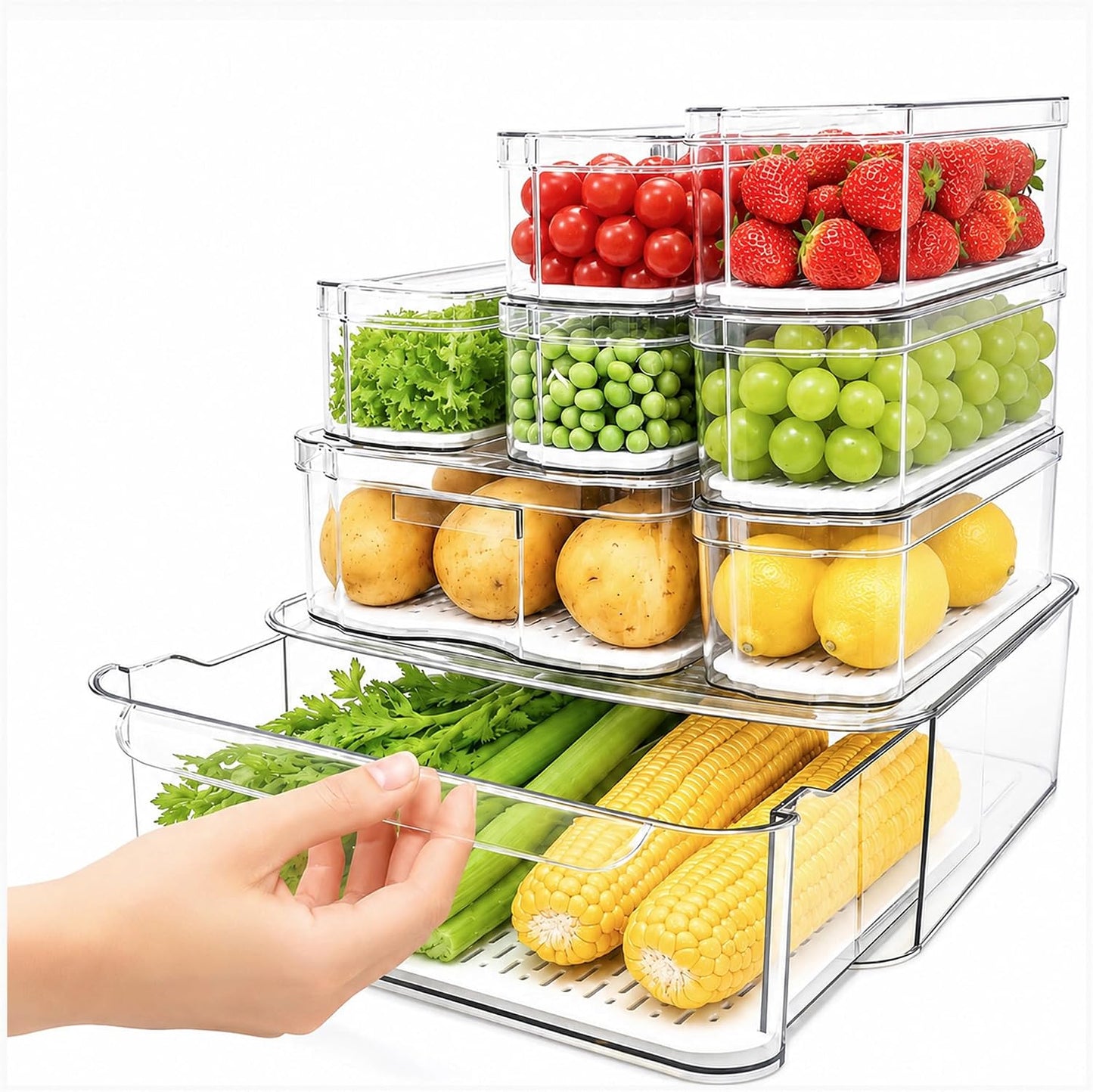 SMRCAD 6 Pack Clear Fridge Organizer Bins with Drain Trays - Stackable | BPA-Free PET, 6 Pack: 6 lidded Bins (Not drawer), Helps Keep Produce Fresh, 14L Capacity, Hand Wash Only